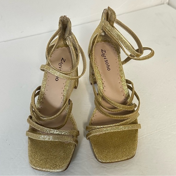 Gold Strappy Block Heel Sandals women size 8 sparkly zipper back 3’ heels party - Picture 15 of 15